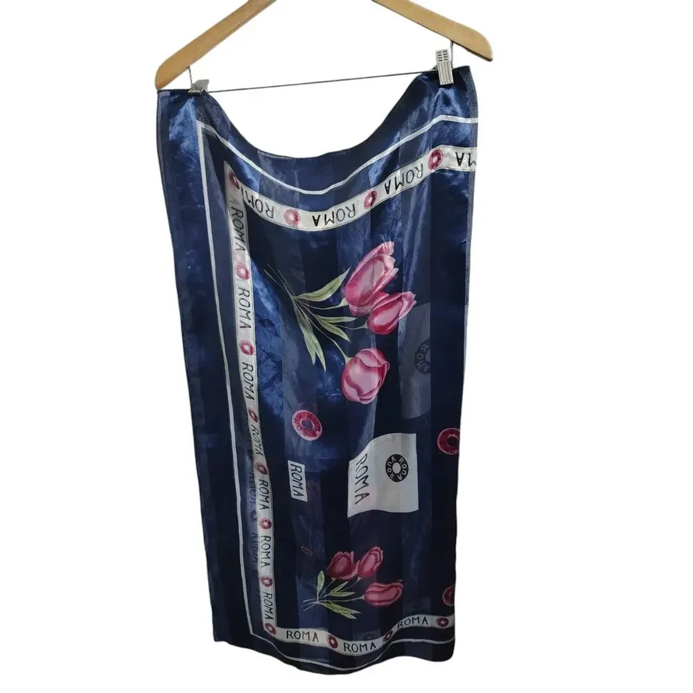 Vintage ROMA Tulip Sheer Scarf Navy Blue Pink Floral Italian Inspired Wrap